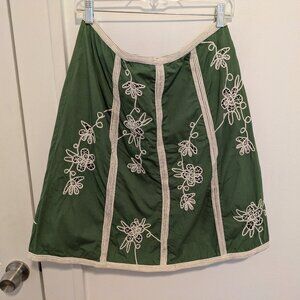 Anthropologie Ipsa Green White Floral Embroidered Cotton Skirt